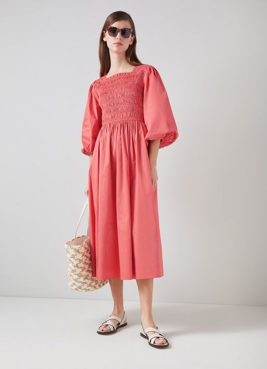 L.K.Bennett Calister Dark Pink Organic Cotton Shirred Dress Rose, Rose