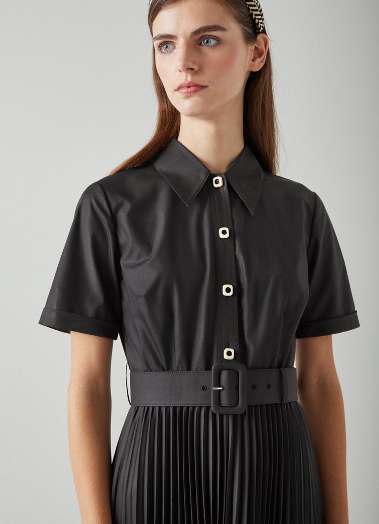 Black pleated shirt dress hot sale