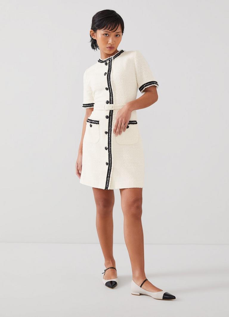Charlie Petite Ivory Italian Recycled Cotton-Blend Tweed Dress