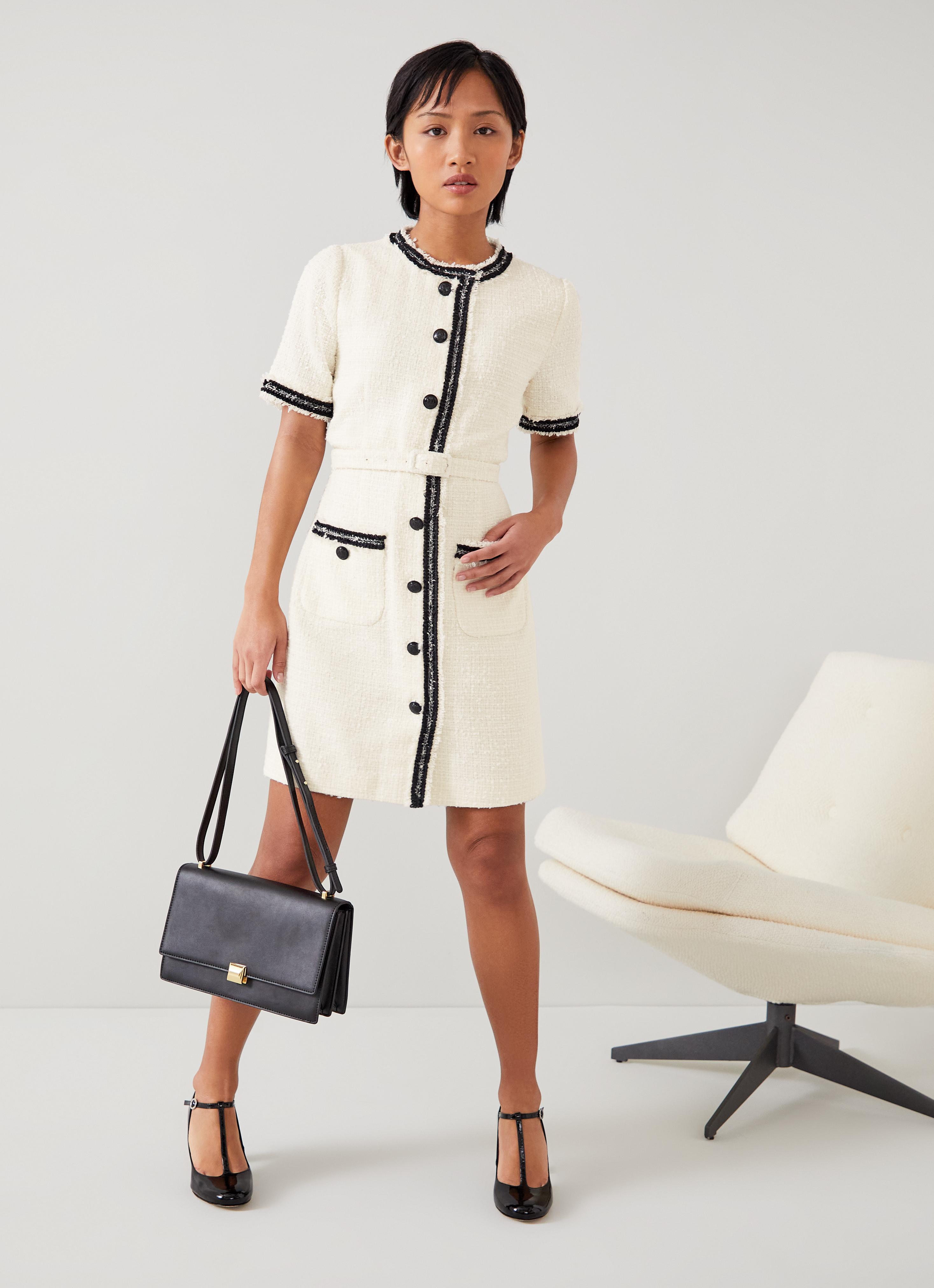Charlie Petite Ivory Italian Recycled Cotton-Blend Tweed Dress 