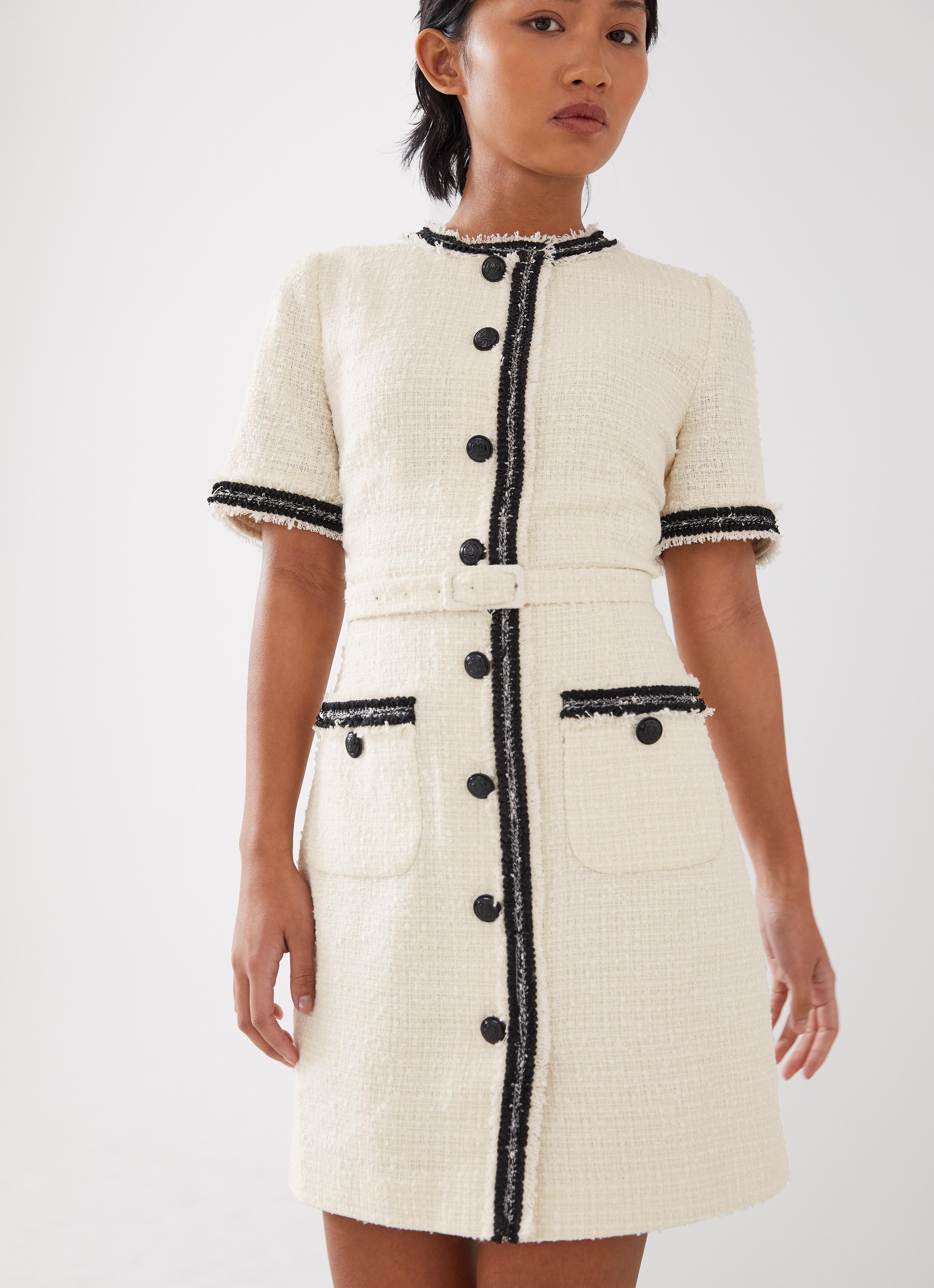 Charlie Petite Ivory Italian Recycled Cotton-Blend Tweed Dress 