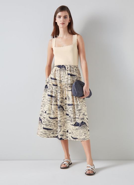 L.K.Bennett Crosby Organic Cotton-Blend Riviera Print Dress, Navy Cream
