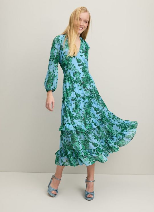L.K.Bennett Eleanor Neon Garden Print Recycled Polyester Tiered Dress Green Blue, Green Blue