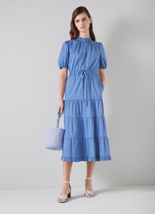 L.K.Bennett Hedy Blue Organic Cotton Tiered Dress Light Blue, Light Blue