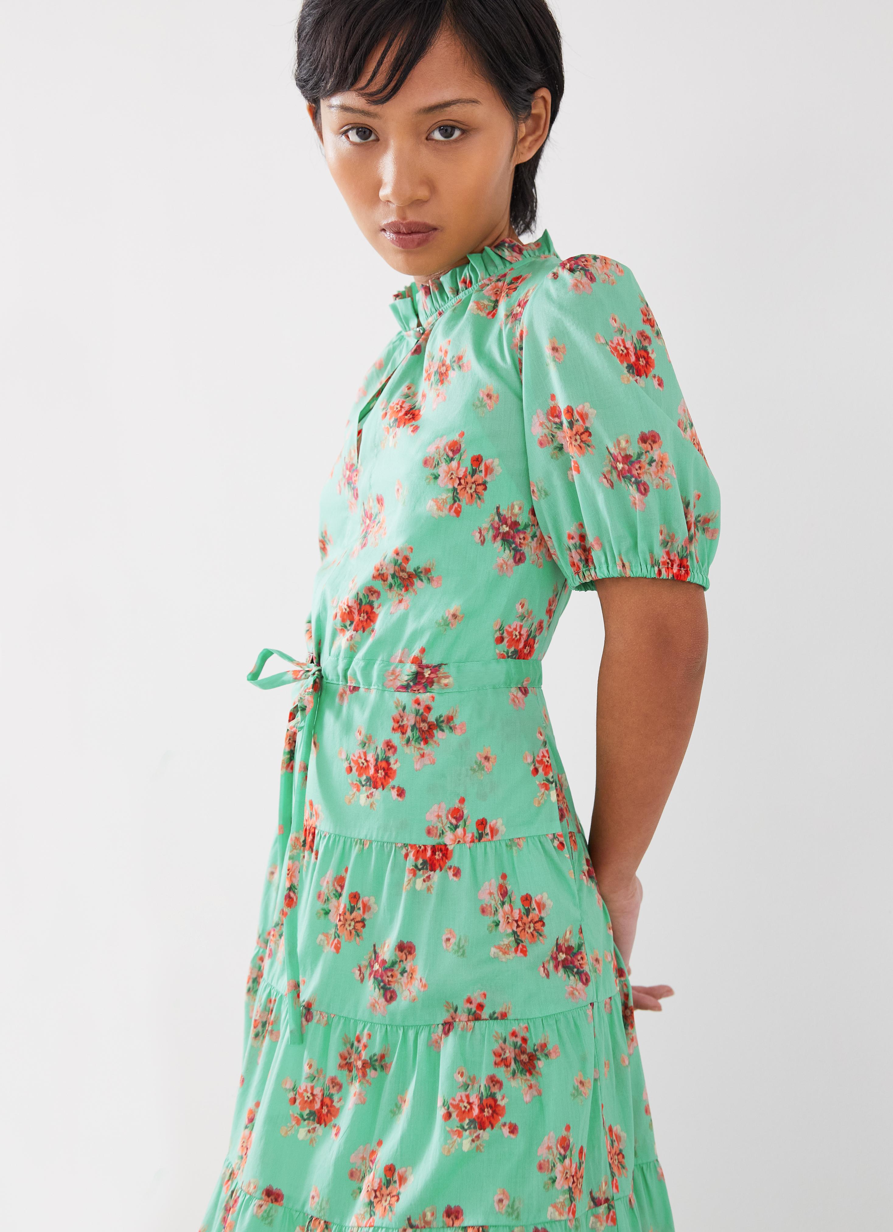 green emerald velvet dress Petite Green Floral Print Short Sleeve Lace Up Dress