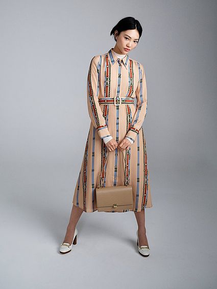 Kate Camel Belt Print Viscose-Silk Blend Shirt Dress Multi, Multi