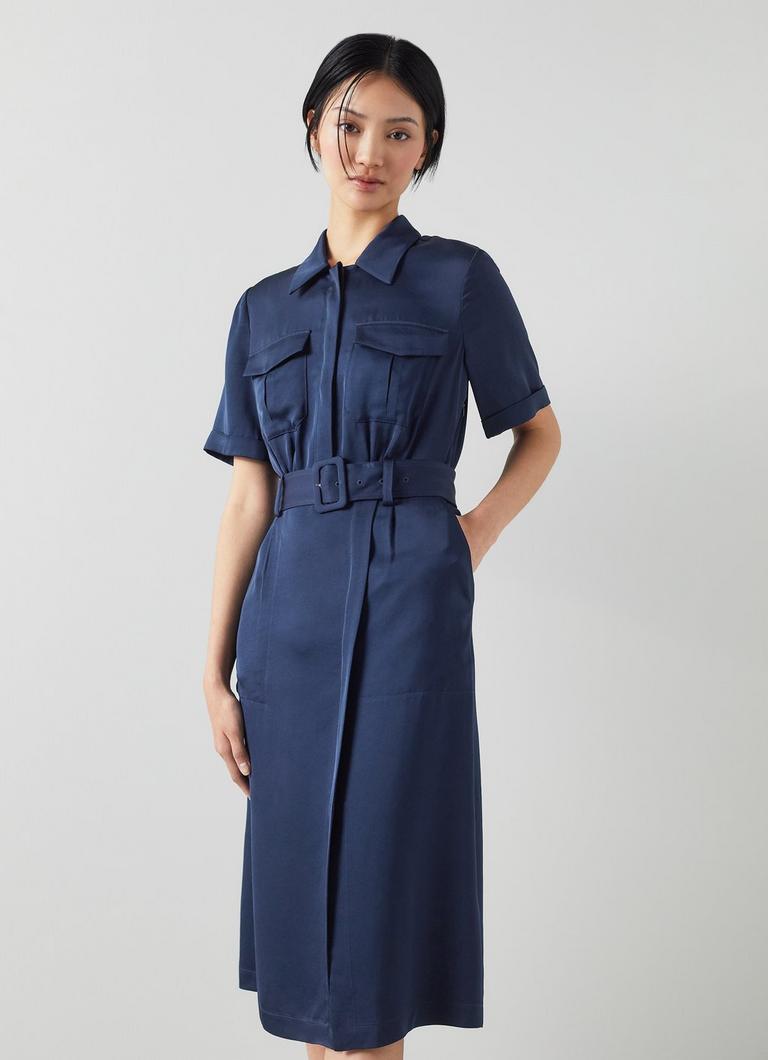 Luna Navy Viscose Utility Style Shirt Dress Clothing