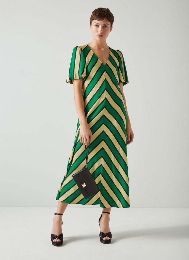 Meerim Green And Yellow Chevron Stripe Midi Dress