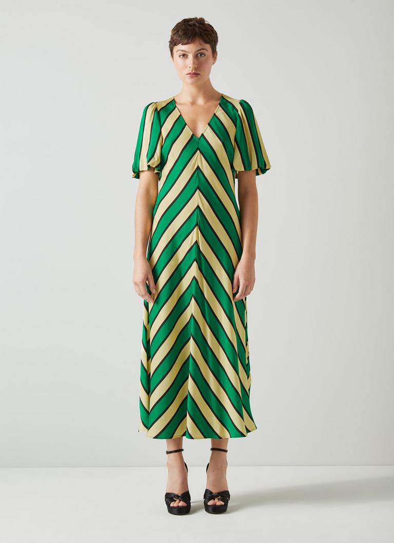 Meerim Green And Yellow Chevron Stripe Midi Dress Clothing
