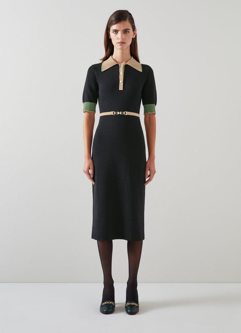 Rosey Black And Camel Belted Knit Dress Clothing Collections