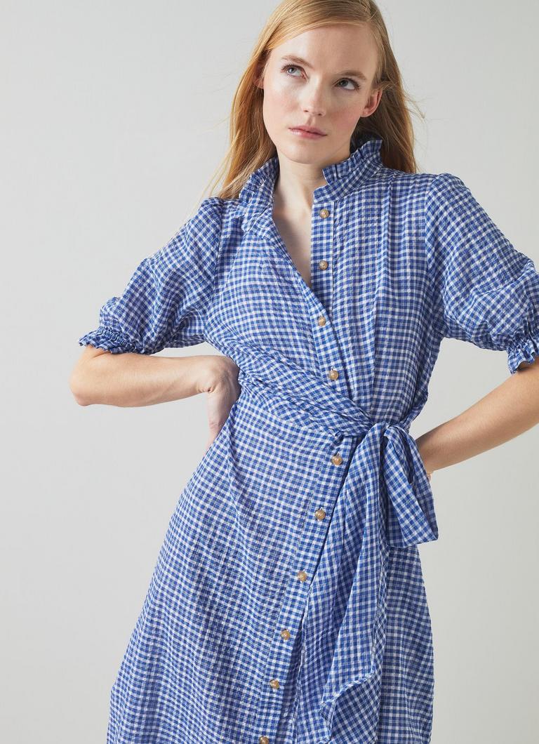 【LK BENNETT】イゾルデ コットン ボイル ドレス Soleil Blue Seersucker Check Cotton-Rich Dress | Clothing