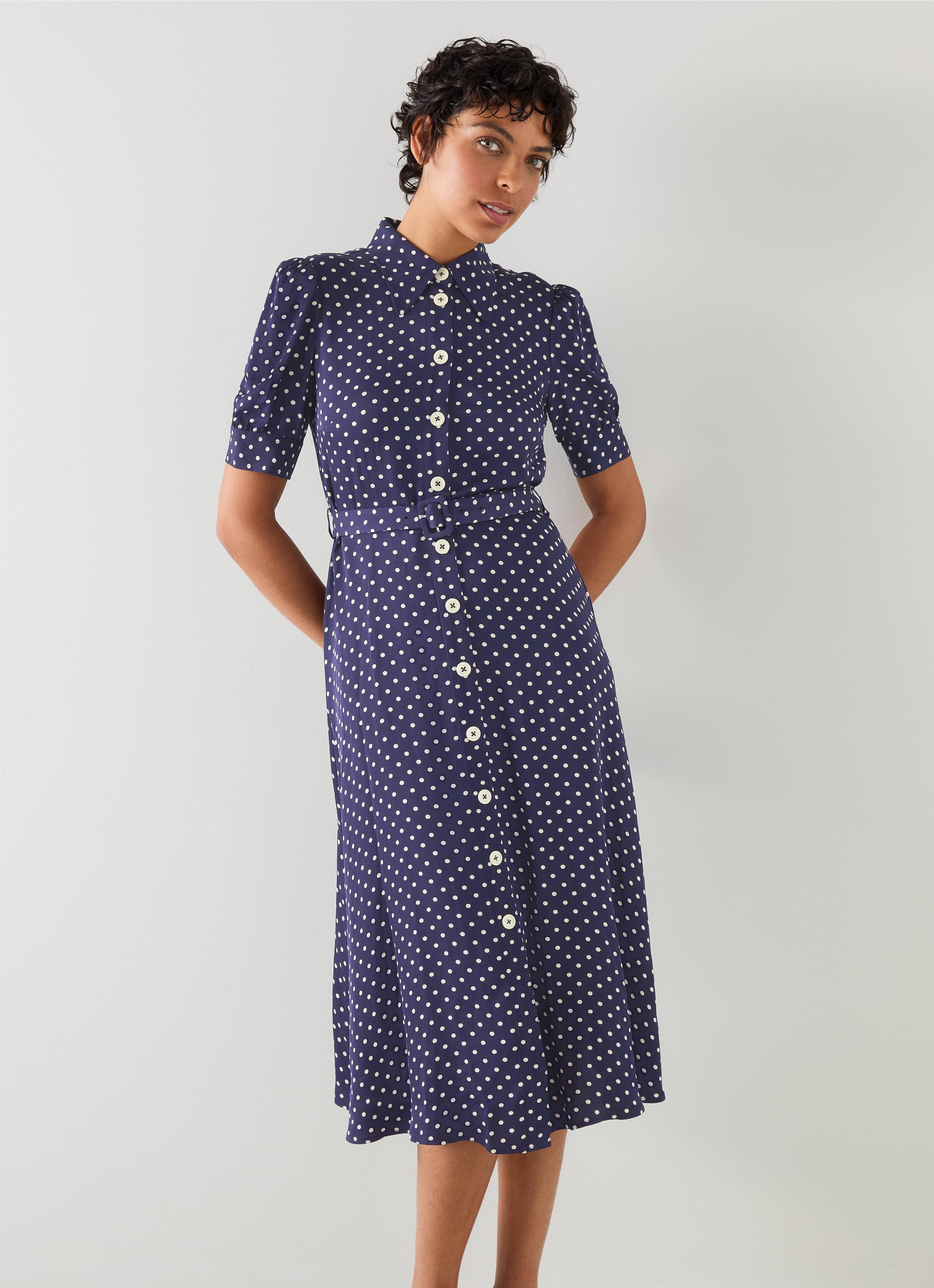 Valerie Spring Navy & Birch Viscose Printed Viscose Shirt Dress With Belt |  Clothing | Collections | L.K.Bennett, London