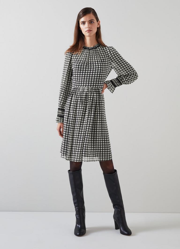 Verity Black & Cream Gingham Printed Dress With Velvet Trim