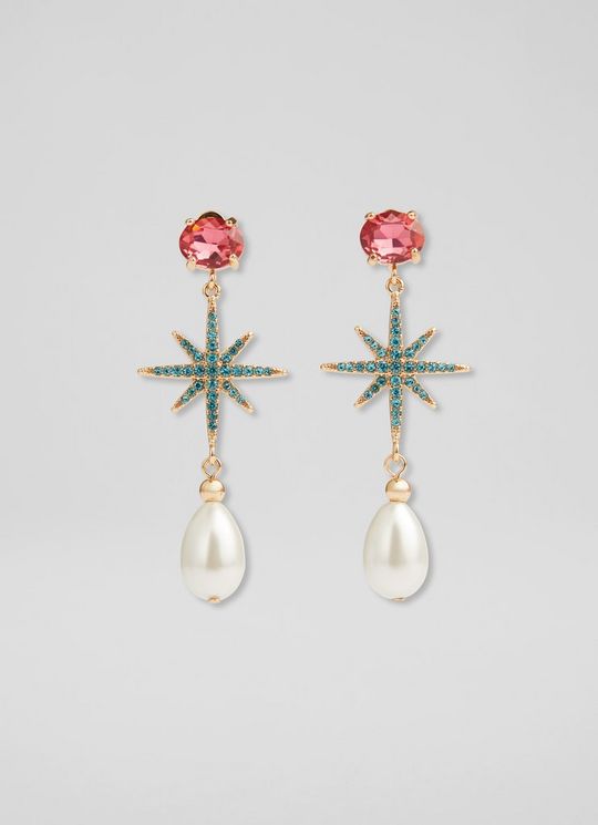L.K.Bennett Aurora Turquoise Crystal Star and Pearl Drop Earrings, Fuchsia