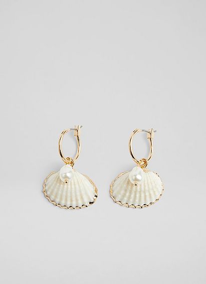 Coral Pearl Embellished Shell Earrings Cream Gold, Cream Gold