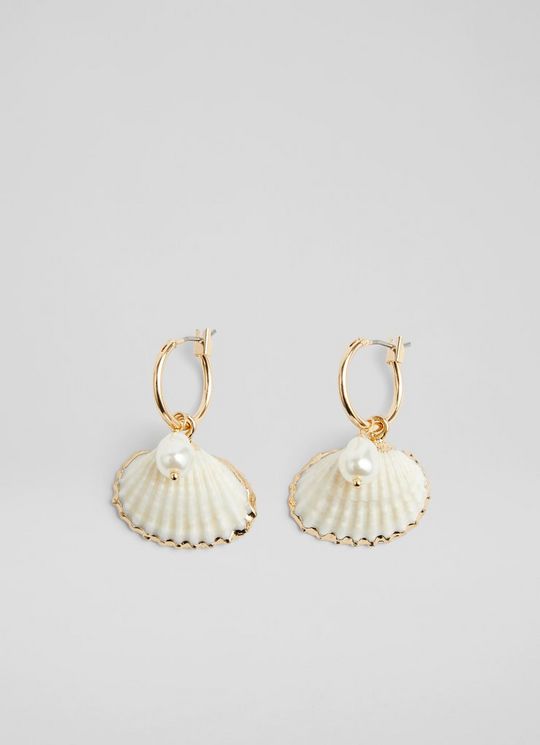 L.K.Bennett Coral Pearl Embellished Shell Earrings, Cream Gold