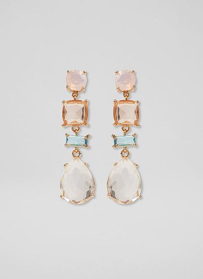 Elsie Orange, Aqua and Clear Crystal Drop Earrings Gold, Gold