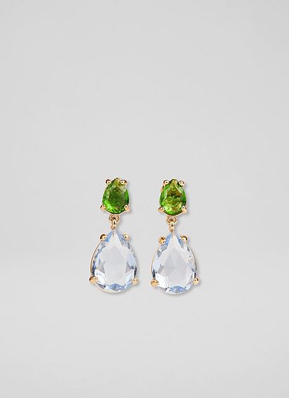 Hyacinth Green and Blue Crystal Drop Earrings Gold, Gold