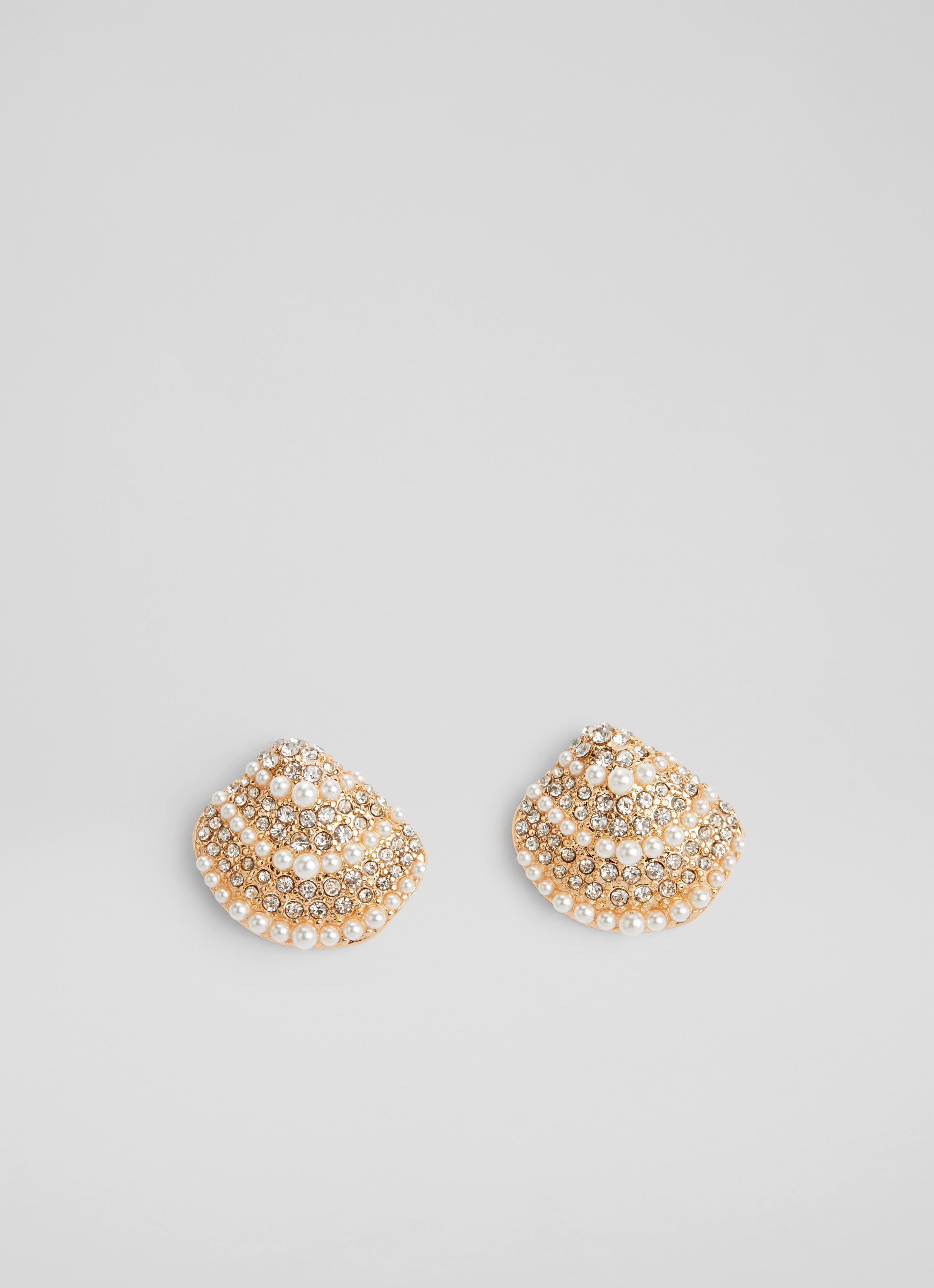L.K.Bennett Kaia Pearl and Crystal Gold Plated Shell Earrings, Cream Gold