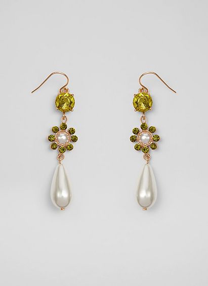 Kamile Pearl & Green Crystal Drop Earrings Cream Gold, Cream Gold