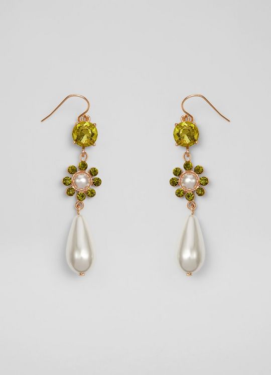 L.K.Bennett Kamile Pearl & Green Crystal Drop Earrings Cream Gold, Cream Gold