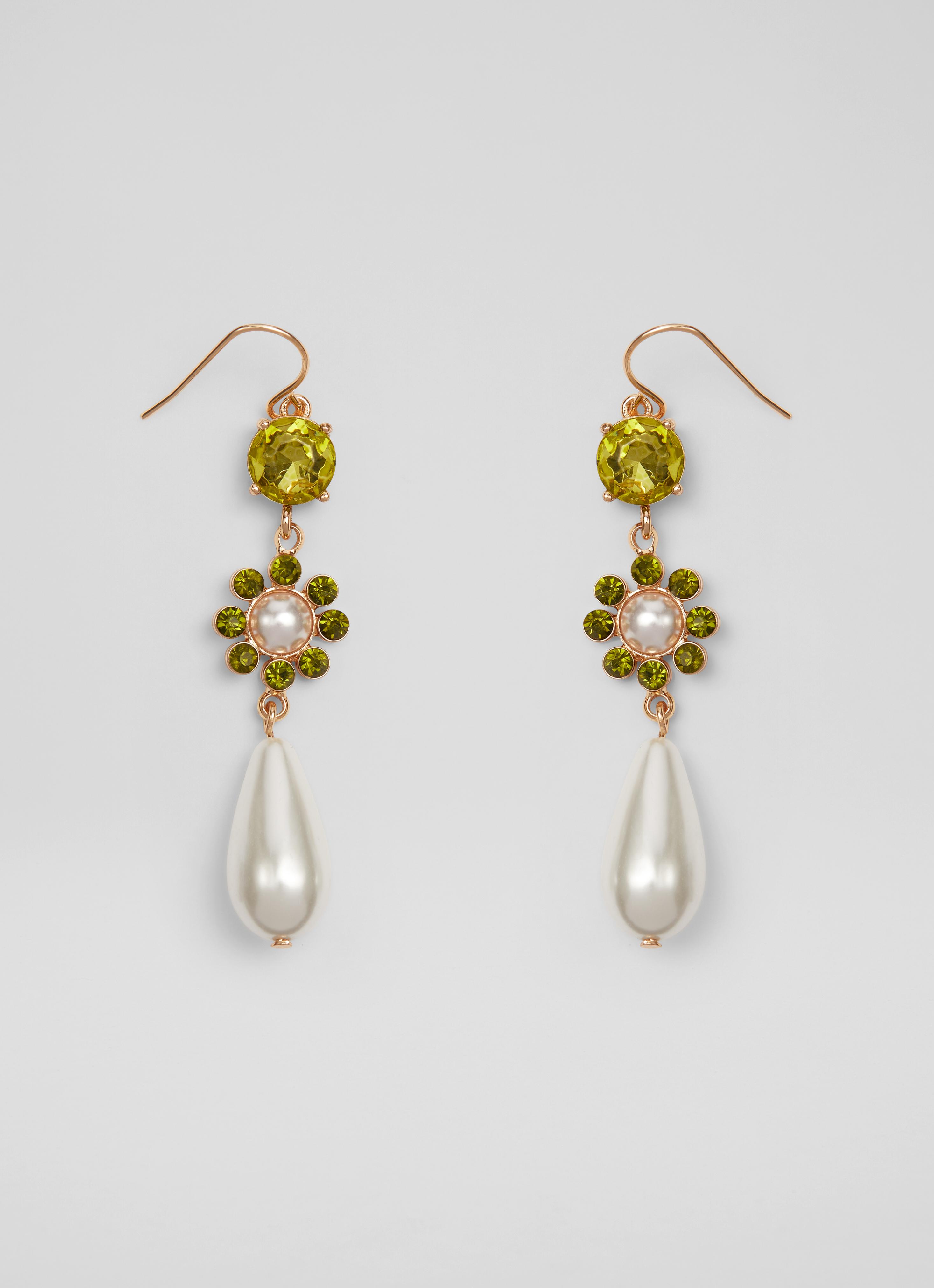L.K.Bennett Kamile Pearl & Green Crystal Drop Earrings, Cream Gold