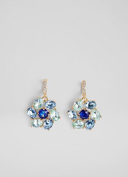 Mae Blue Crystal Daisy Drop Earrings Gold, Gold