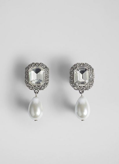Margot Clear Crystal and Pearl Drop Earrings Silver, Silver