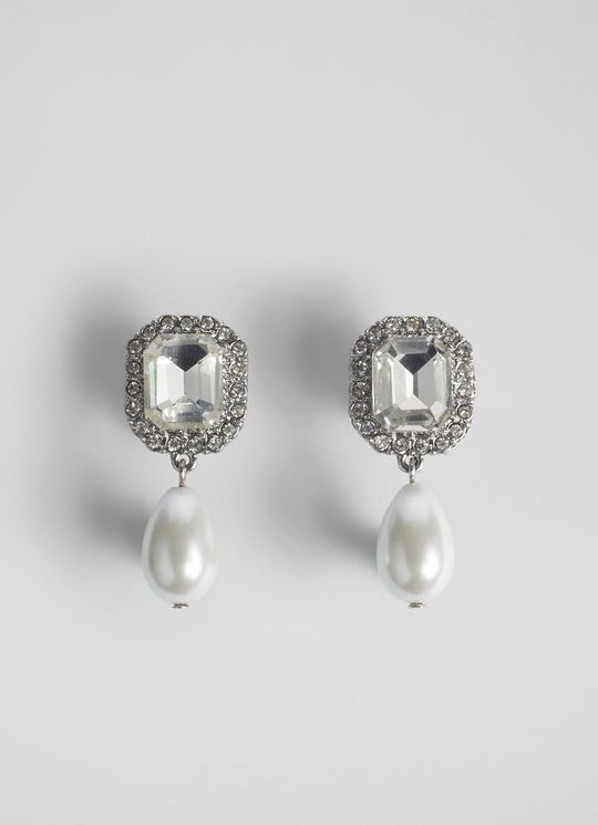 L.K.Bennett Margot Clear Crystal and Pearl Drop Earrings, Silver