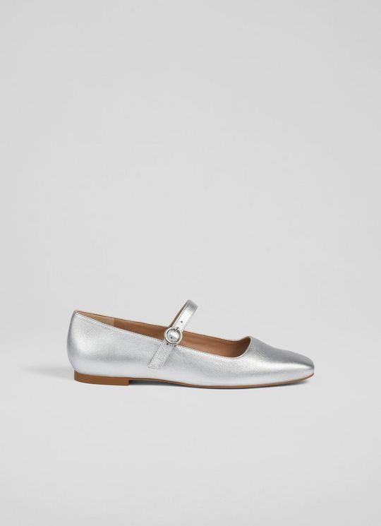 L.K.Bennett Willow Silver Leather Mary Jane Flats, Silver