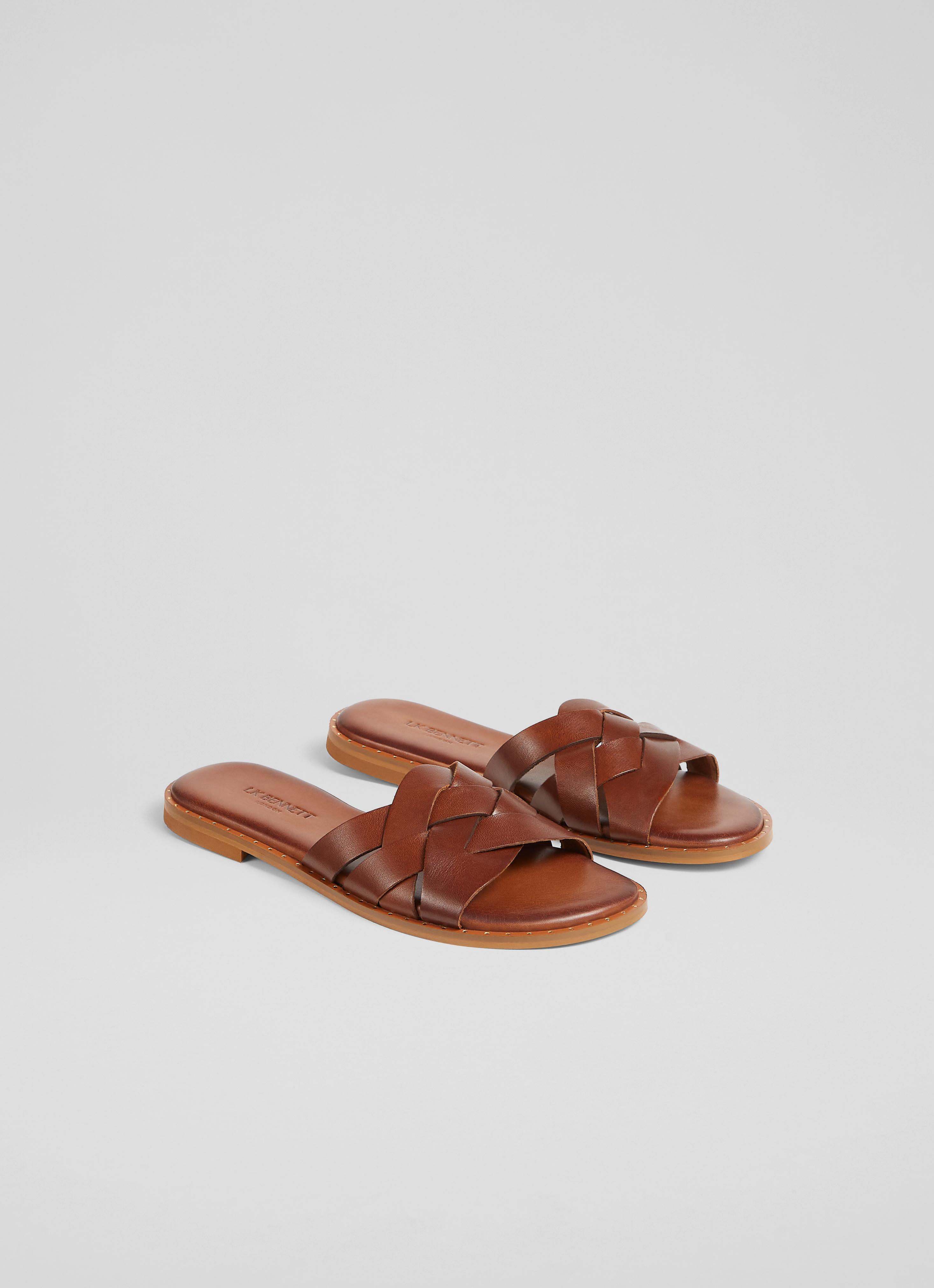 Amara Tan Leather Flat Sliders Shoes Sale Collections