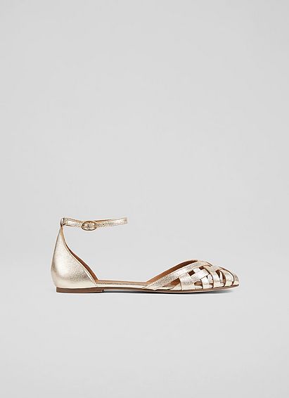 Bianca Gold Leather Cage-Front Flat Sandals, Gold