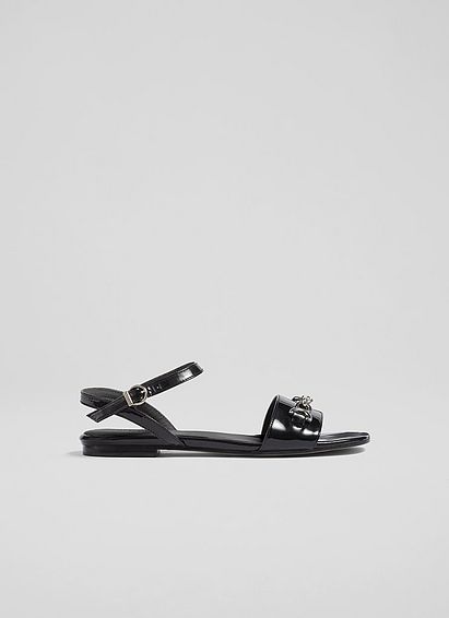Kelly Black Patent Snaffle-Detail Flat Sandals, Black