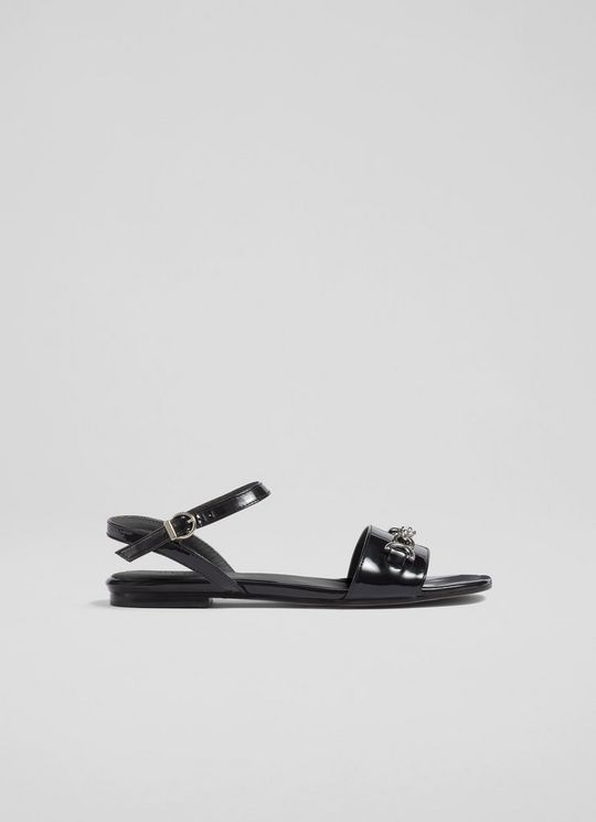 L.K.Bennett Kelly Black Patent Snaffle-Detail Flat Sandals, Black
