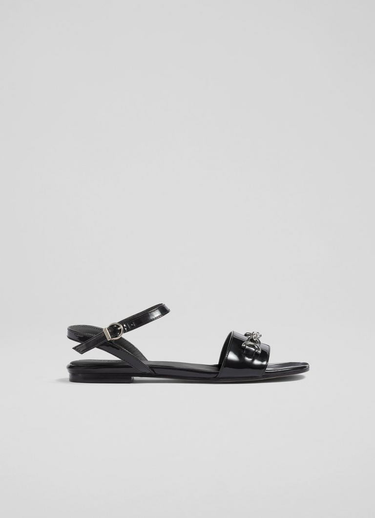 Kelly Black Patent Snaffle detail Flat Sandals