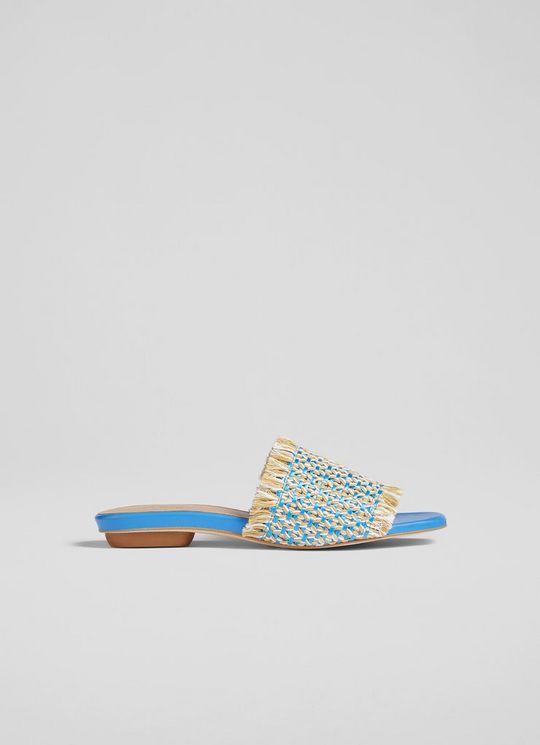 L.K.Bennett Meera Blue Raffia Flat Sandals, Blue Cream