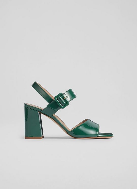 L.K.Bennett Rae Green Patent Leather Large Buckle Sandals, Evergreen