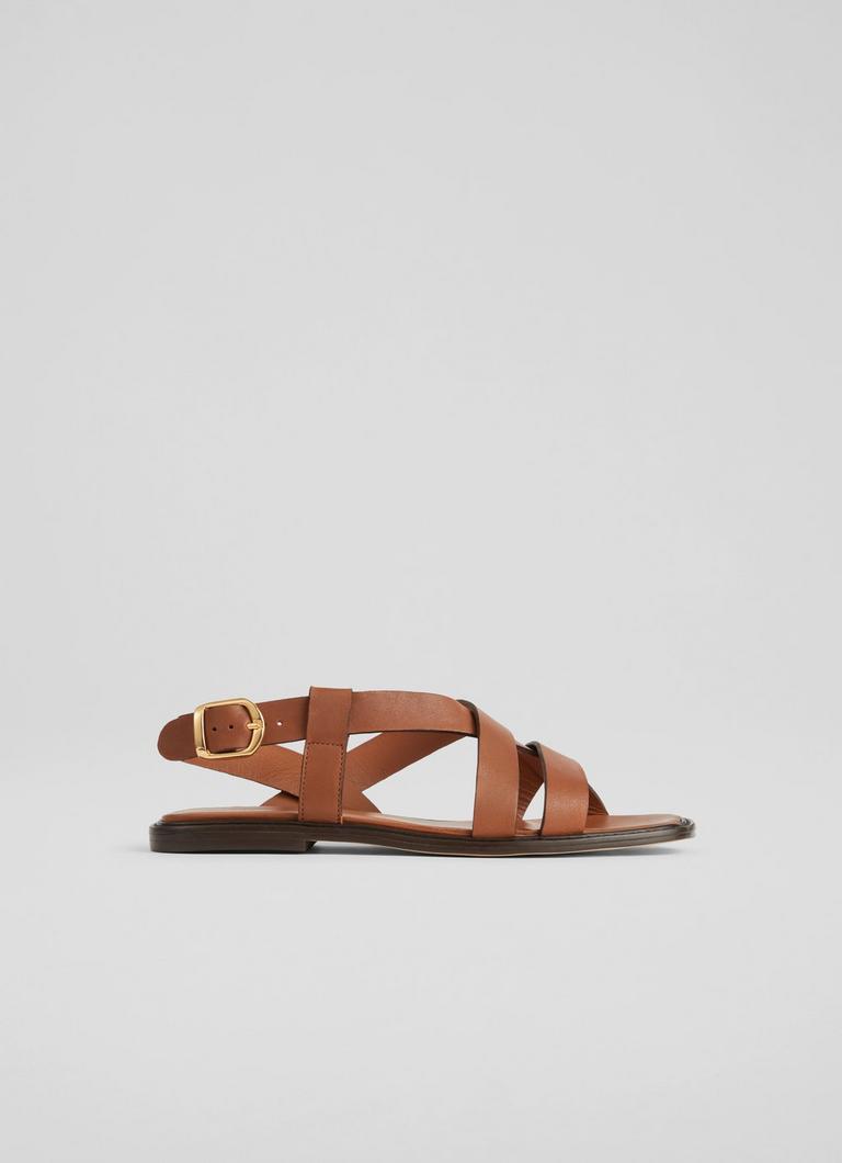 Telma Brown Leather Flat Sandals Shoes Sale Collections