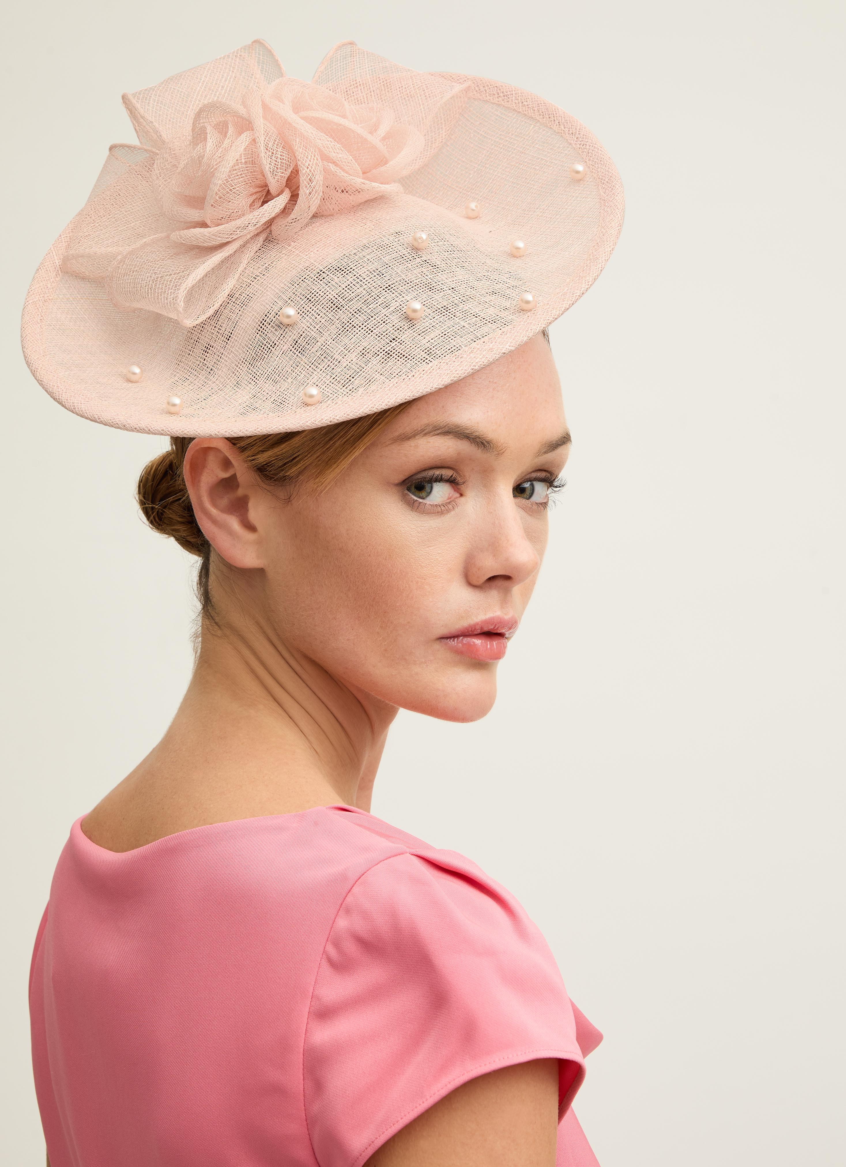 Ayla Pink Mesh Pearl Detail Wide Brim Fascinator Occasionwear