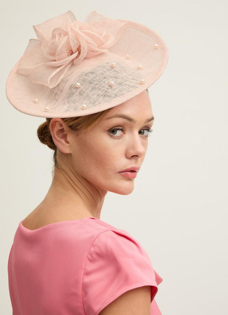 Ayla Pink Mesh Pearl Detail Wide Brim Fascinator Occasionwear