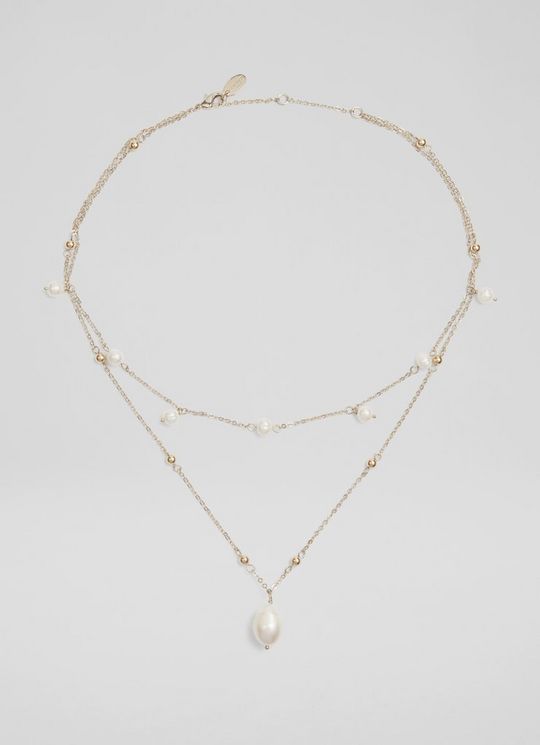 L.K.Bennett Clara Pearl and Gold Double Chain Necklace, Cream Gold