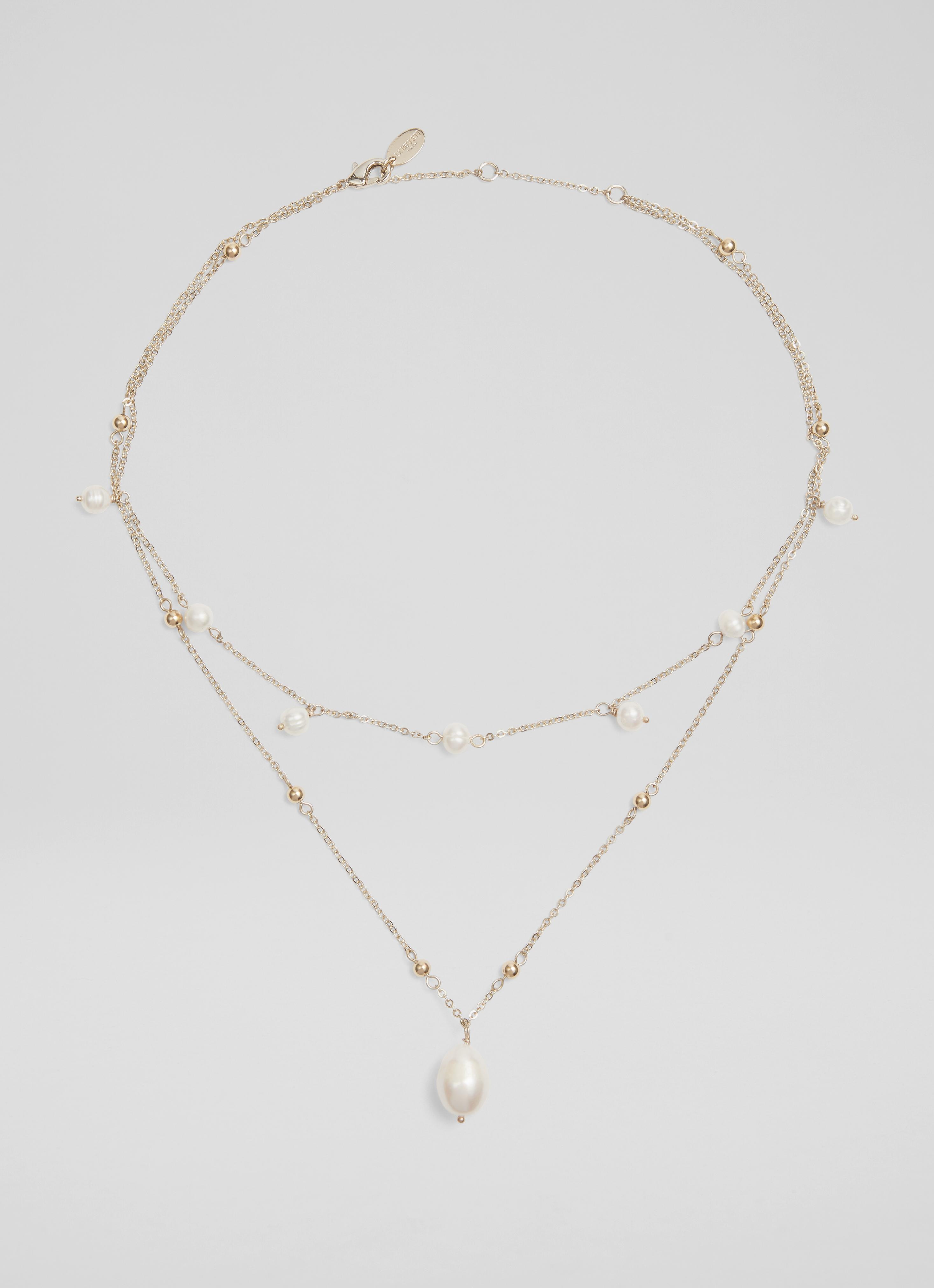 L.K.Bennett Clara Pearl and Gold Double Chain Necklace Cream Gold, Cream Gold