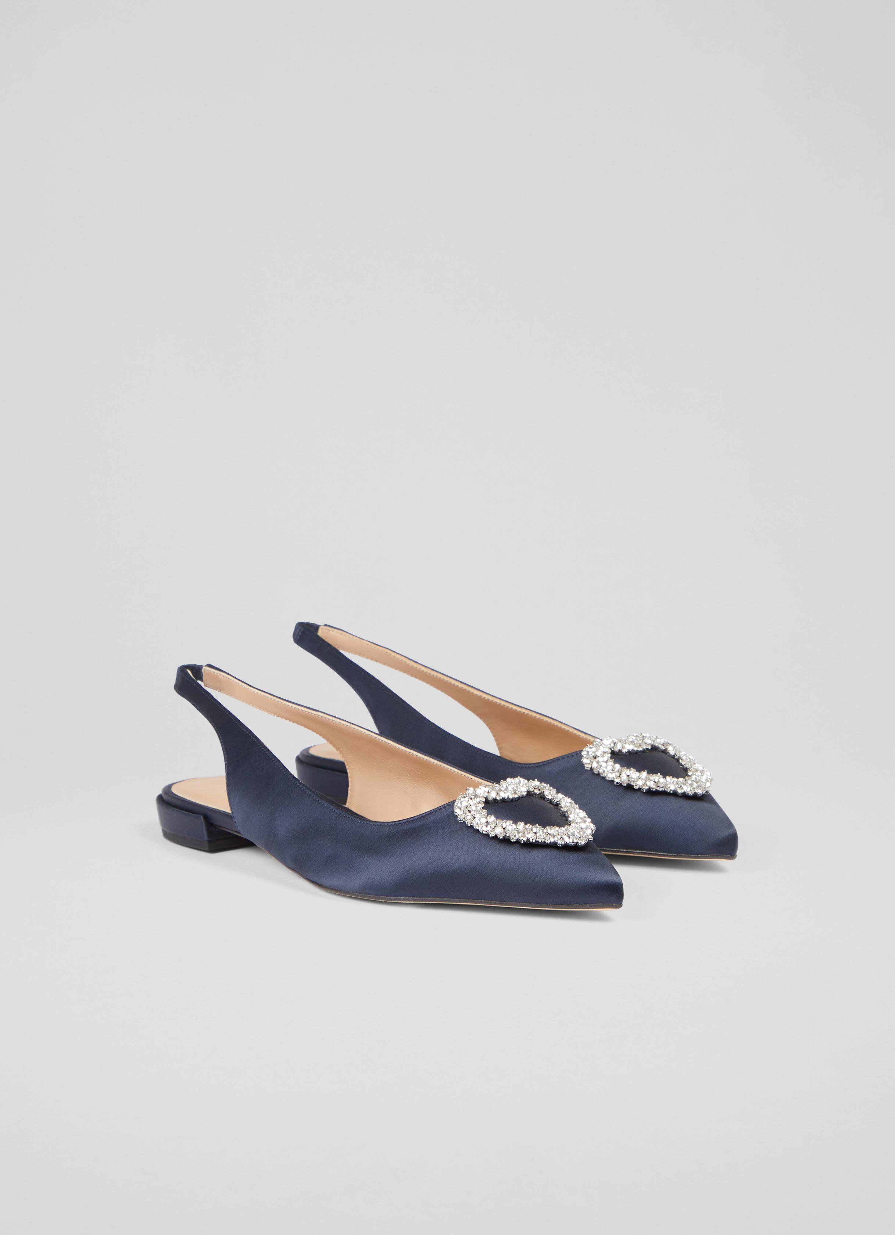 Luana Navy Satin Heart Brooch Slingback Flats The Archive Sale