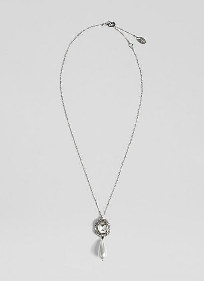 Margot Clear Crystal and Pearl Drop Necklace Silver, Silver