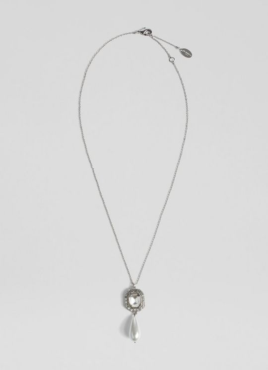L.K.Bennett Margot Clear Crystal and Pearl Drop Necklace Silver, Silver