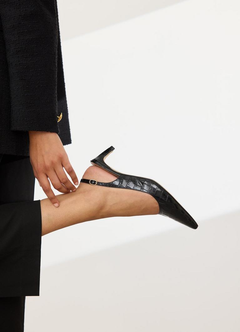Alyssa Black Croc Effect Leather Kitten Heel Slingbacks Shoes