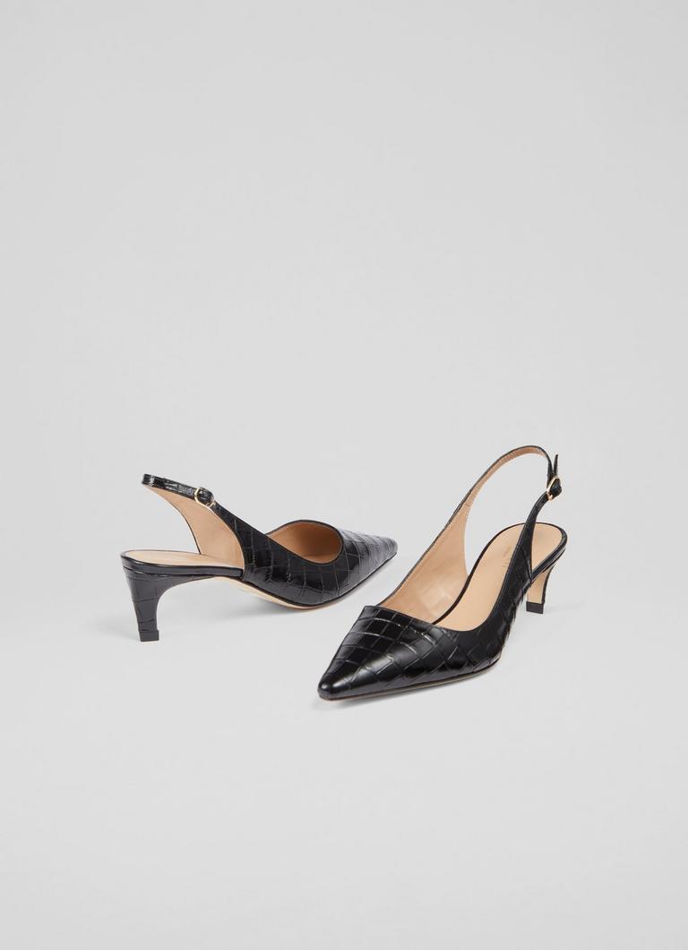 Alyssa Black Croc Effect Leather Kitten Heel Slingbacks Shoes Collections L.K.Bennett London