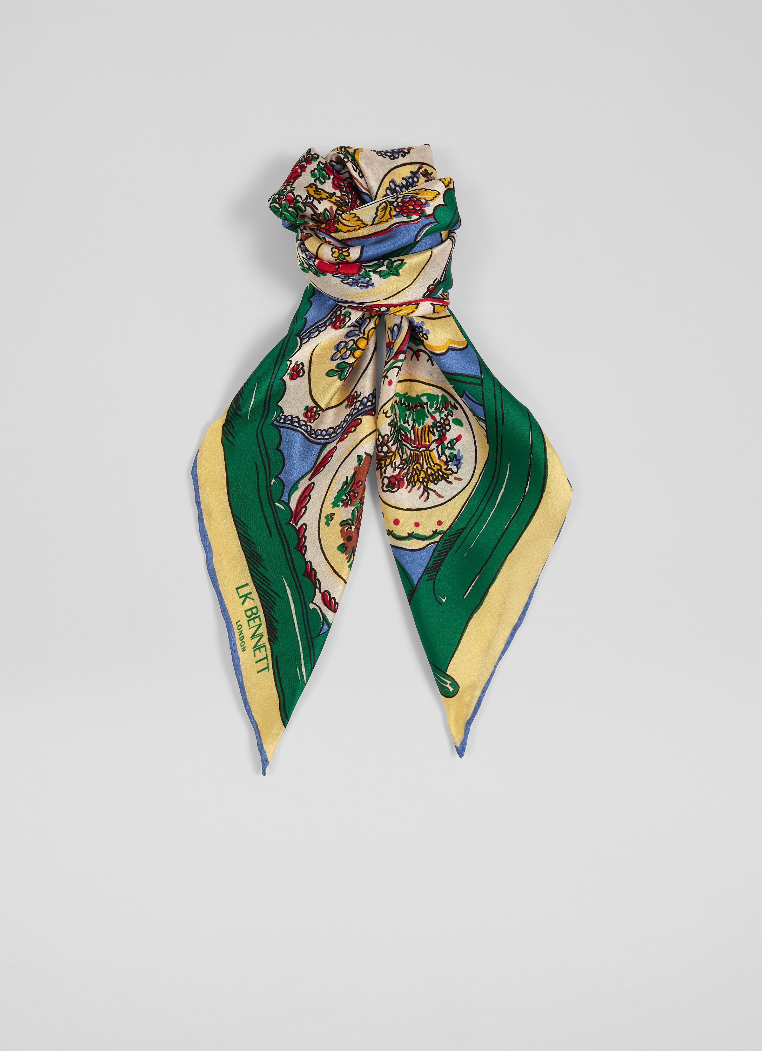 Erica Blue Decorative Plate Print Silk Scarf | Scarves & Wraps