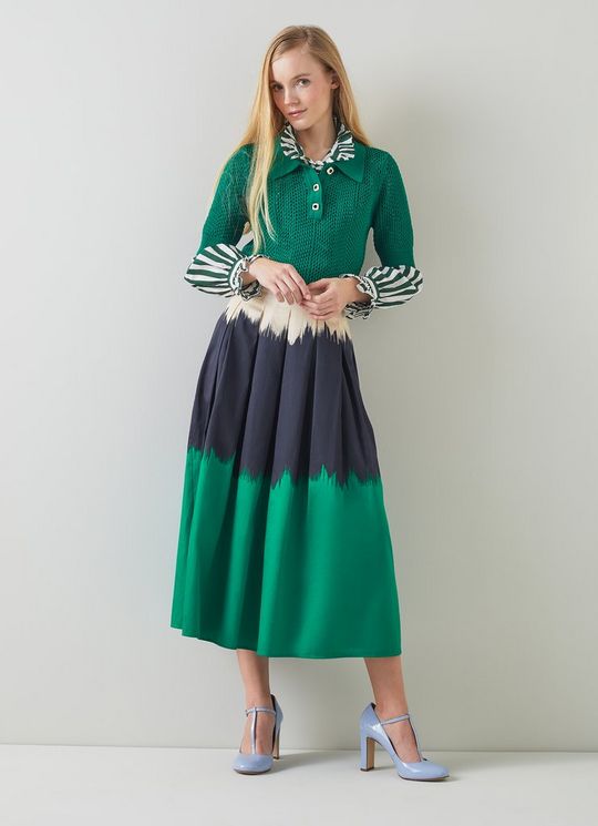 L.K.Bennett Dora Green, Navy And Cream Tie Dye Cotton Midi Skirt, Multi