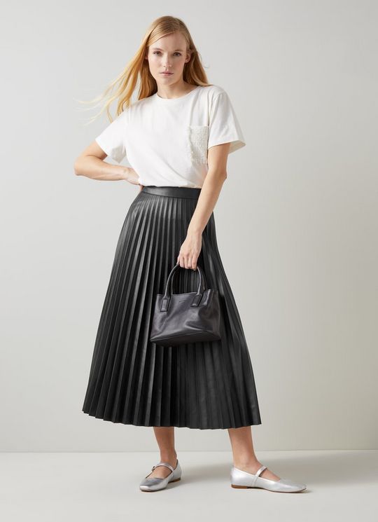 L.K.Bennett Laurie Black Faux Leather Pleated Skirt, Black